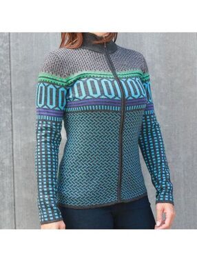 Krimson Klover Katja 100% Merino Wool Full Zip Nordic Fair Isle Cardigan Small